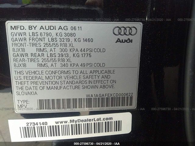 WA1AGAFEXCD000622 - 2012 AUDI Q7 PRESTIGE Black photo 9