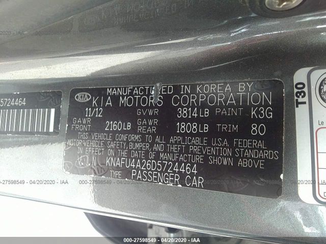 KNAFU4A26D5724464 - 2013 KIA FORTE EX Gray photo 9