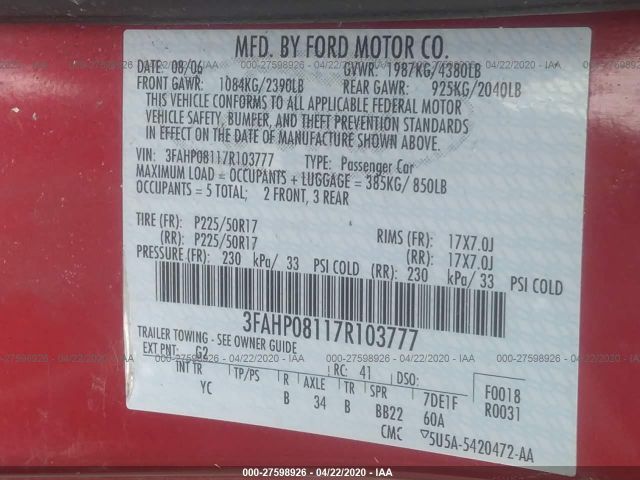 3FAHP08117R103777 - 2007 FORD FUSION SEL Red photo 9