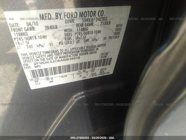 2FMDK3JC6ABB38918 - 2010 FORD EDGE SEL Gray photo 9