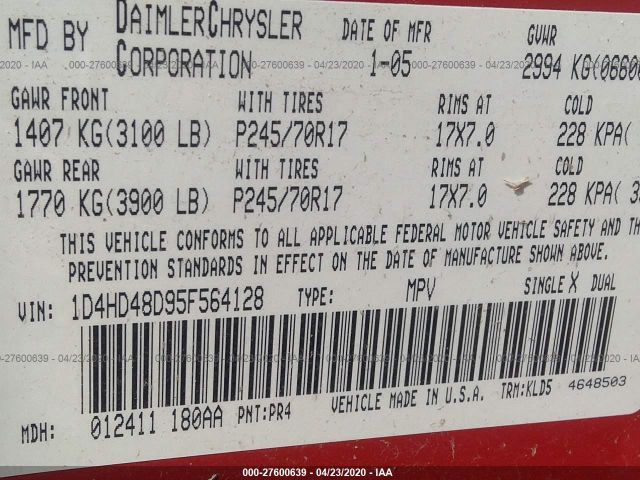 1D4HD48D95F564128 - 2005 DODGE DURANGO SLT 红色 照片 9