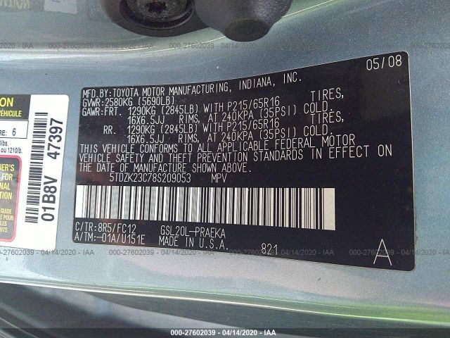 5TDZK23C78S209053 - 2008 TOYOTA SIENNA CE/LE Blue photo 9