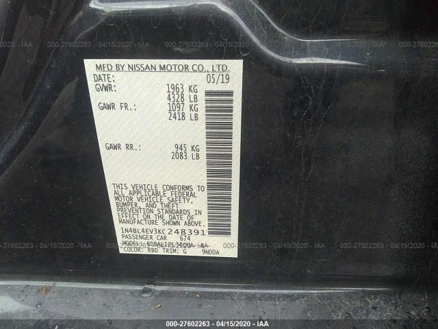 1N4BL4EV3KC248391 - 2019 NISSAN ALTIMA SL Black photo 9