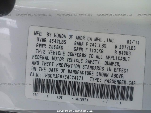 1HGCR3F87EA024171 - 2014 HONDA ACCORD EXL White photo 9