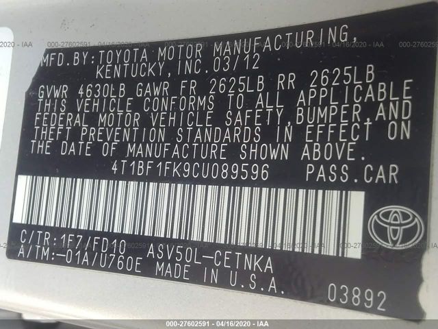 4T1BF1FK9CU089596 - 2012 TOYOTA CAMRY SE/LE/XLE 银色 照片 9