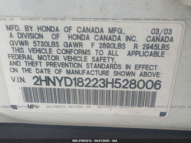 2HNYD18223H528006 - 2003 ACURA MDX  White photo 9