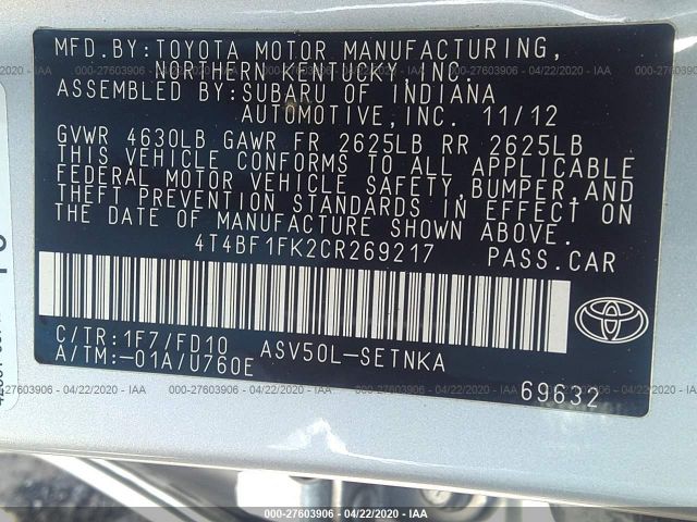 4T4BF1FK2CR269217 - 2012 TOYOTA CAMRY SE/LE/XLE Silver photo 9