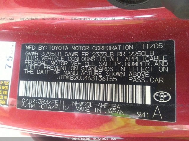 JTDKB20U463136155 - 2006 TOYOTA PRIUS  Red photo 9