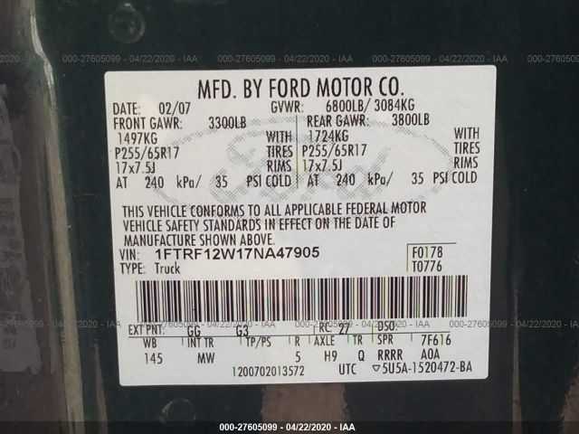 1FTRF12W17NA47905 - 2007 FORD F150  Green photo 9