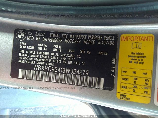 WBXPC93418WJ24279 - 2008 BMW X3 3.0SI Gray photo 9