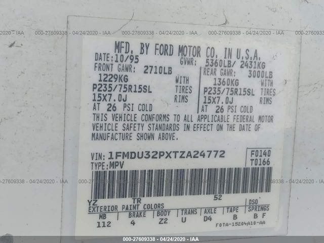 1FMDU32PXTZA24772 - 1996 FORD EXPLORER  White photo 9