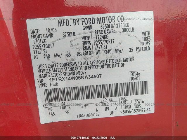 1FTRX14W06NA34507 - 2006 FORD F150  Red photo 9