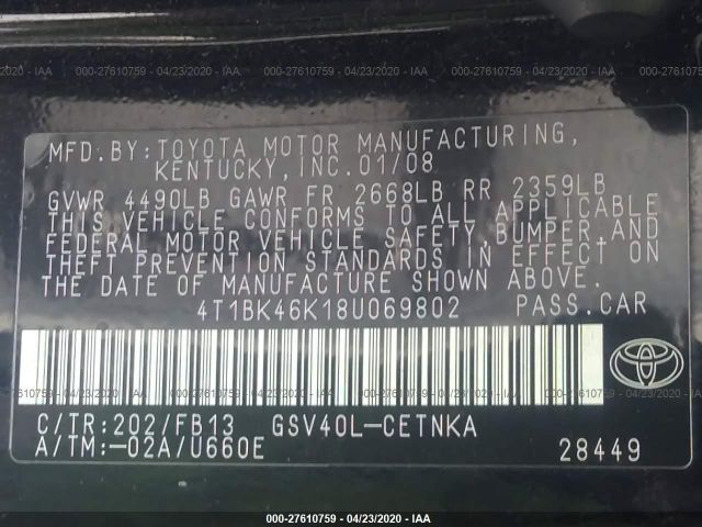 4T1BK46K18U069802 - 2008 TOYOTA CAMRY LE/XLE/SE Black photo 9