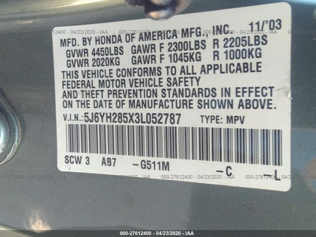 5J6YH285X3L052787 - 2003 HONDA ELEMENT EX Gray photo 9