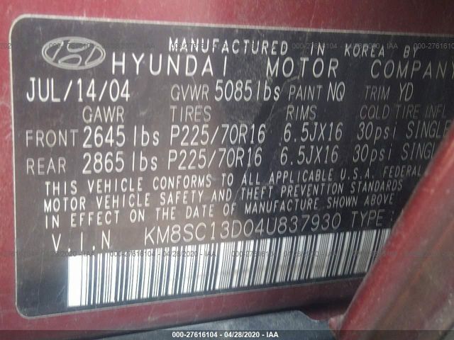 KM8SC13D04U837930 - 2004 HYUNDAI SANTA FE GLS/LX Red photo 9