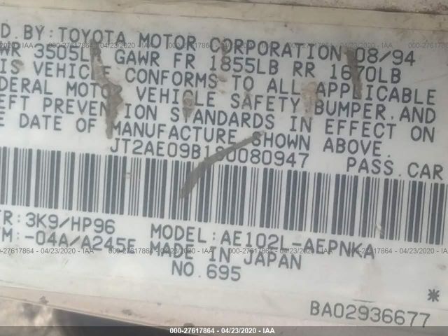 JT2AE09B1S0080947 - 1995 TOYOTA COROLLA LE/DX Gold photo 9