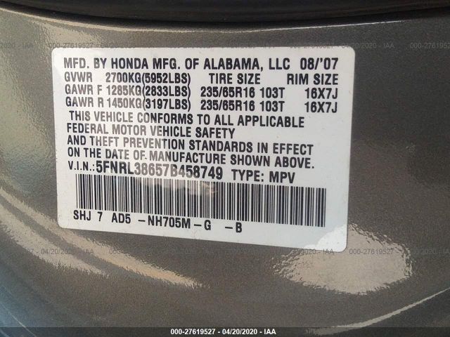 5FNRL38657B458749 - 2007 HONDA ODYSSEY EXL Gray photo 9