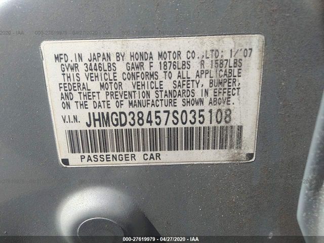 JHMGD38457S035108 - 2007 HONDA FIT  Gray photo 9