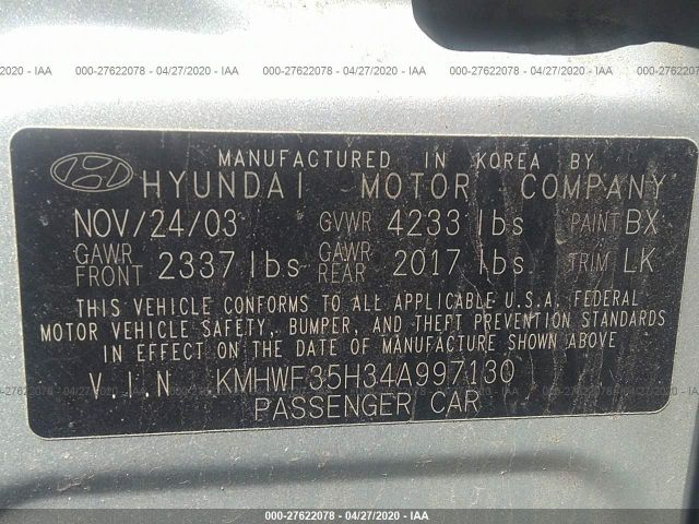 KMHWF35H34A997130 - 2004 HYUNDAI SONATA GLS/LX Silver photo 9