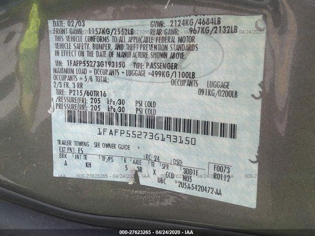 1FAFP55273G193150 - 2003 FORD TAURUS SES Gray photo 9