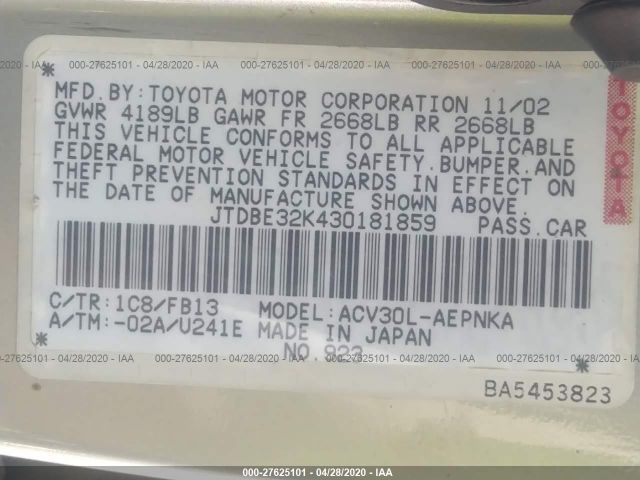 JTDBE32K430181859 - 2003 TOYOTA CAMRY LE/XLE Silver photo 9