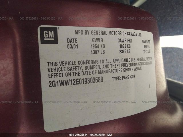 2G1WW12E019303688 - 2001 CHEVROLET MONTE CARLO LS წითელი ფოტო 9