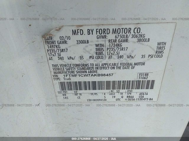 1FTMF1CW7AKB98457 - 2010 FORD F150  White photo 9