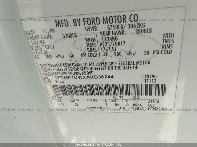 1FTMF1CWXAKB36244 - 2010 FORD F150  White photo 9