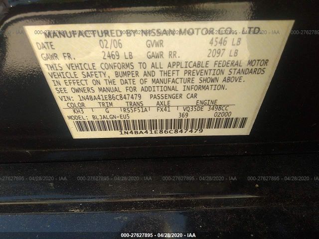 1N4BA41E86C847479 - 2006 NISSAN MAXIMA SE/SL Black photo 9