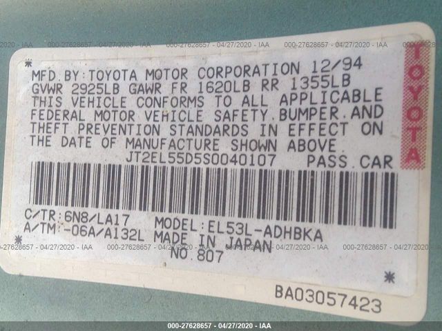 JT2EL55D5S0040107 - 1995 TOYOTA TERCEL STD Green photo 9