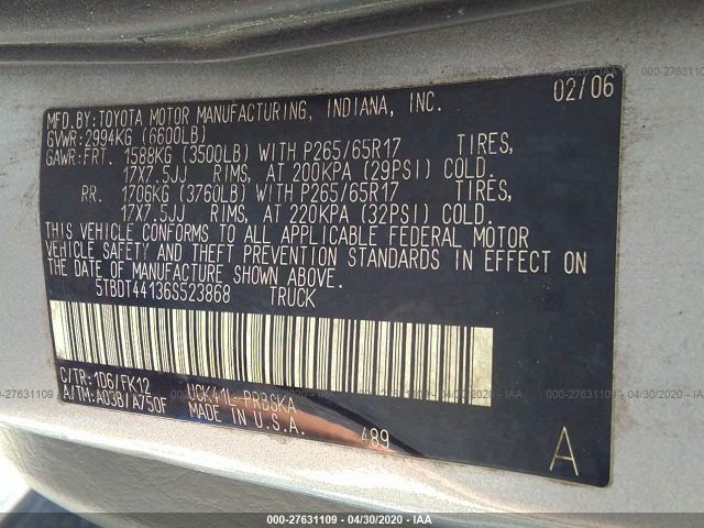 5TBDT44136S523868 - 2006 TOYOTA TUNDRA DOUBLE CAB SR5 Gray photo 9