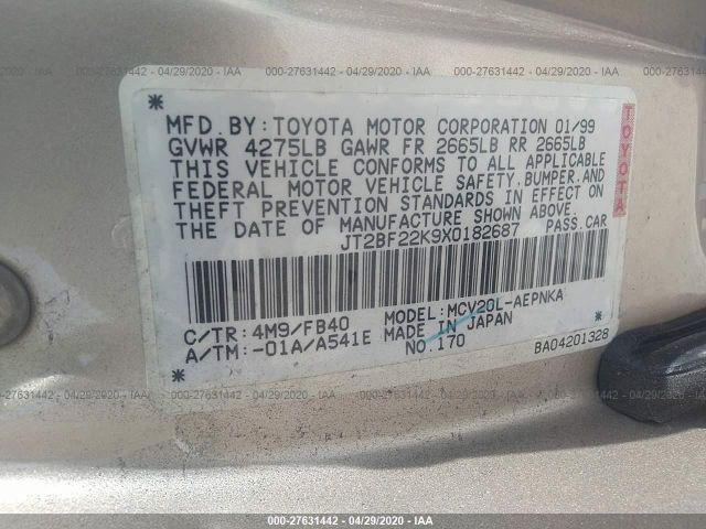 JT2BF22K9X0182687 - 1999 TOYOTA CAMRY LE/XLE Gold photo 9