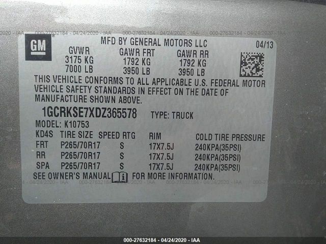 1GCRKSE7XDZ365578 - 2013 CHEVROLET SILVERADO K1500 LT Gray photo 9