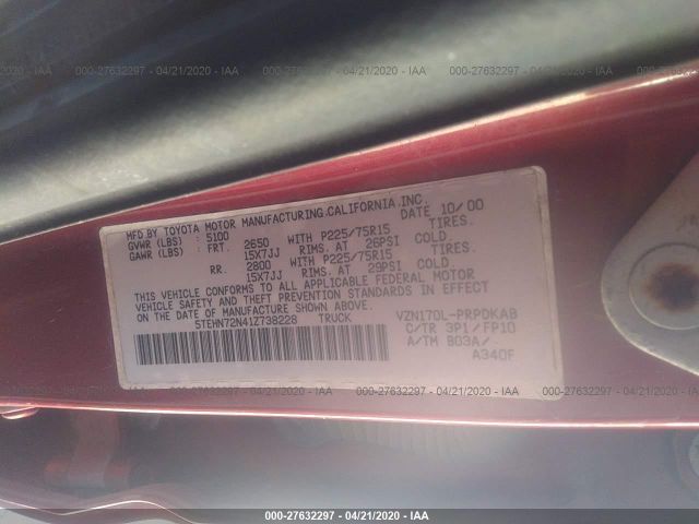 5TEHN72N41Z738228 - 2001 TOYOTA TACOMA DOUBLE CAB 栗色 照片 9