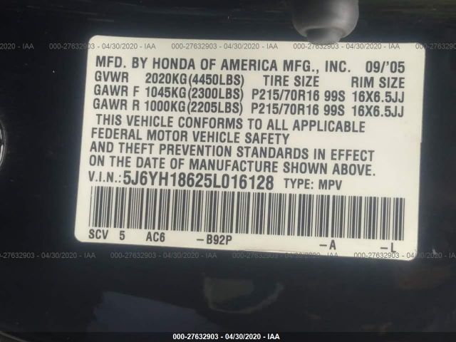 5J6YH18625L016128 - 2005 HONDA ELEMENT EX Black photo 9