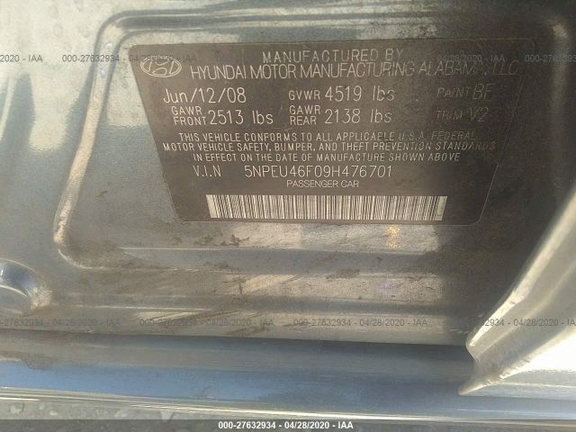 5NPEU46F09H476701 - 2009 HYUNDAI SONATA SE/LIMITED Gray photo 9