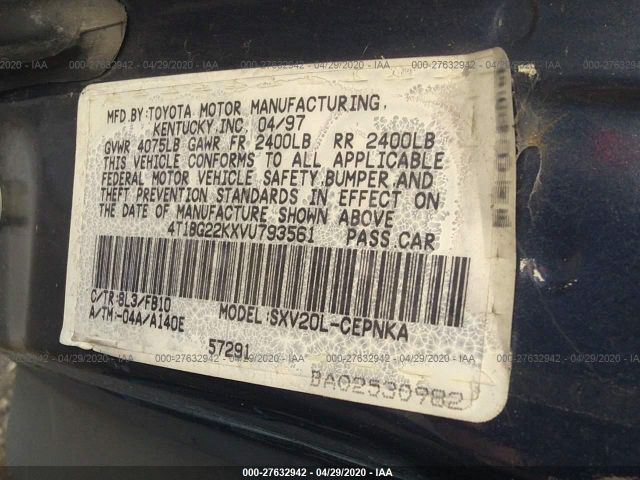 4T1BG22KXVU793561 - 1997 TOYOTA CAMRY CE/LE/XLE ლურჯი ფოტო 9