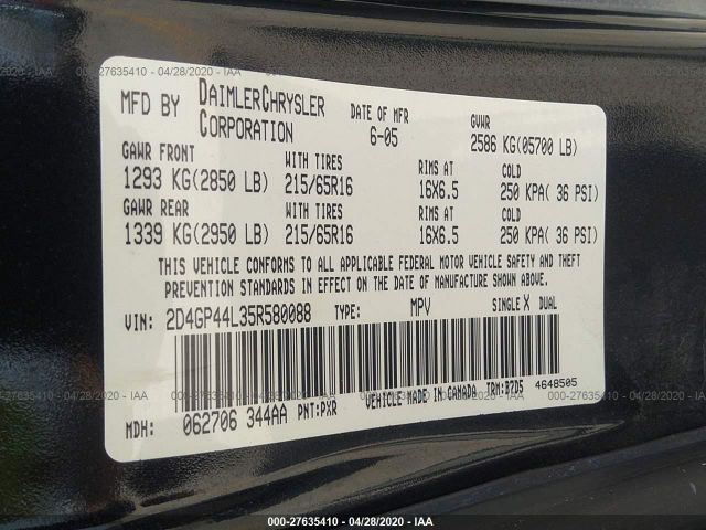 2D4GP44L35R580088 - 2005 DODGE GRAND CARAVAN SXT Black photo 9