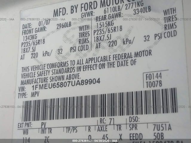 1FMEU65807UA89904 - 2007 FORD EXPLORER LIMITED Cream photo 9