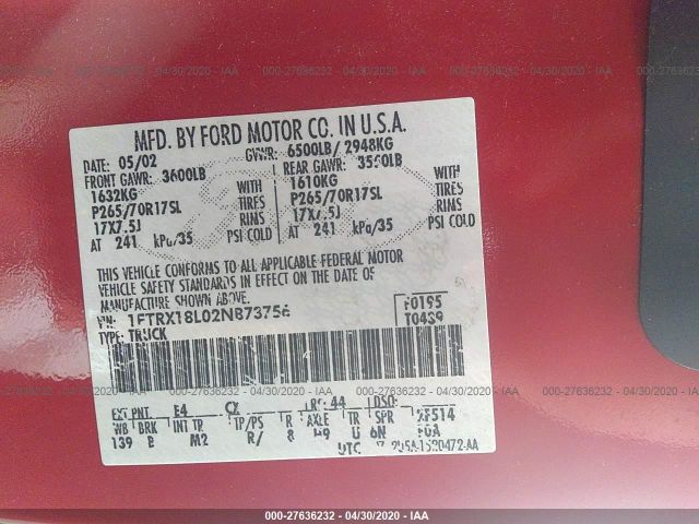 1FTRX18L02NB73756 - 2002 FORD F150  Red photo 9