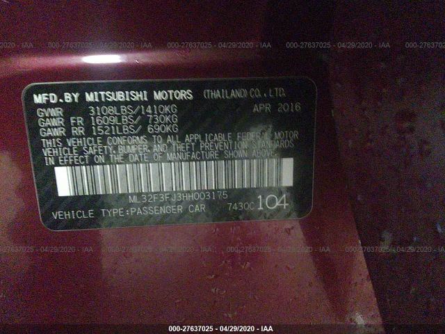 ML32F3FJ3HH003175 - 2017 MITSUBISHI MIRAGE G4 ES ბორდოსფერი ფოტო 9