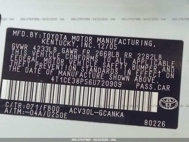 4T1CE38P56U720909 - 2006 TOYOTA CAMRY SOLARA SE/SLE White photo 9