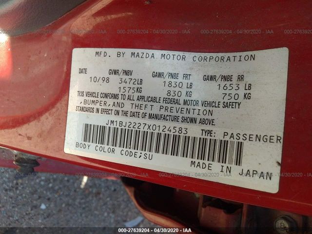 JM1BJ2227X0124583 - 1999 MAZDA PROTEGE DX/LX Red photo 9