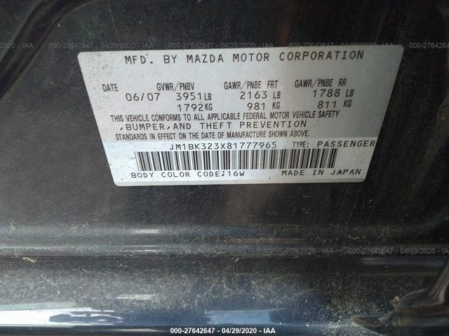 JM1BK323X81777965 - 2008 MAZDA 3 S Black photo 9