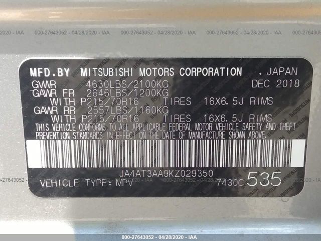 JA4AT3AA9KZ029350 - 2019 MITSUBISHI ECLIPSE CROSS ES Silver photo 9