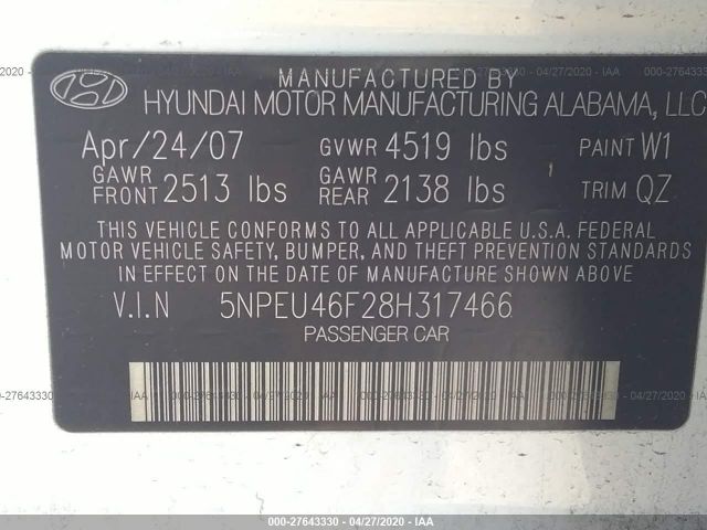 5NPEU46F28H317466 - 2008 HYUNDAI SONATA SE/LIMITED White photo 9