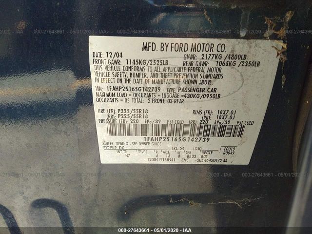 1FAHP25165G142739 - 2005 FORD FIVE HUNDRED LIMITED Blue photo 9