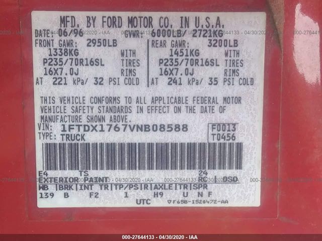 1FTDX1767VNB08588 - 1997 FORD F150  Red photo 9