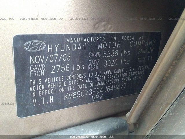 KM8SC73E94U648477 - 2004 HYUNDAI SANTA FE GLS/LX Gold photo 9