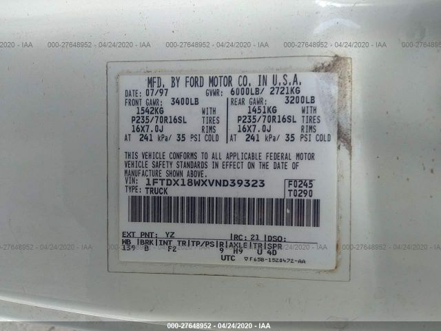 1FTDX18WXVND39323 - 1997 FORD F150  White photo 9